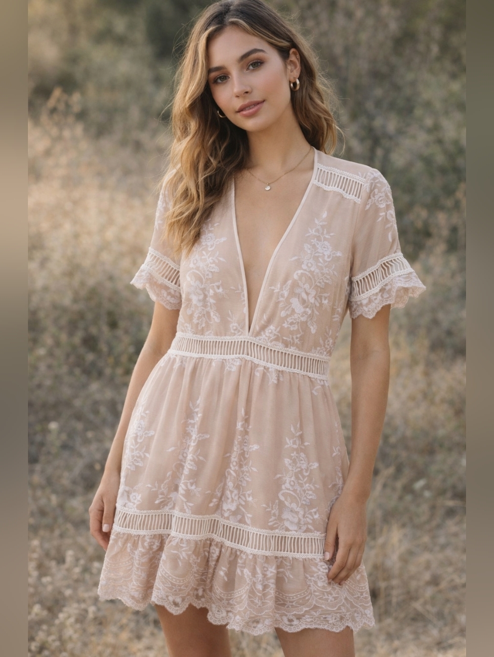 Saylor Alexa Embroidered Lace Mini Dress Blush Boho Size M